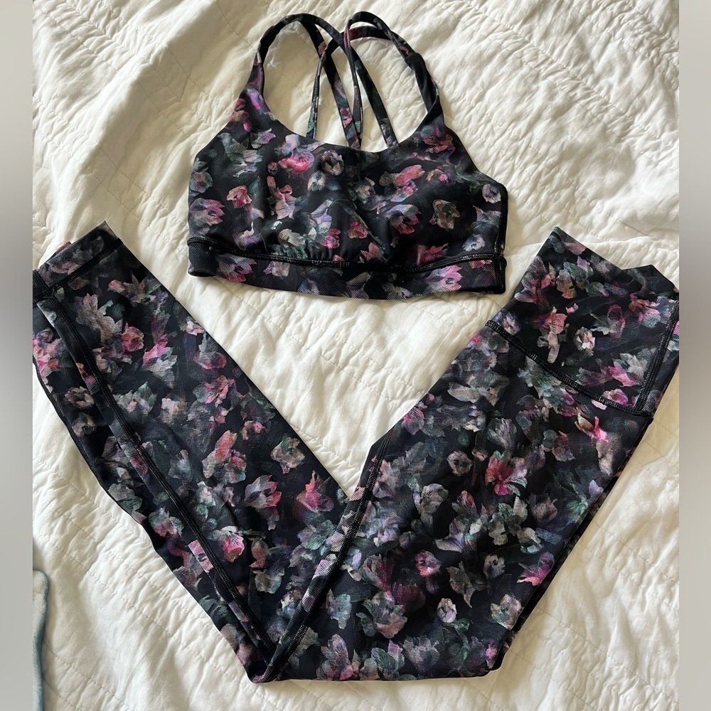 lululemon athletica Black Floral Leggings & Sports Bra Set
